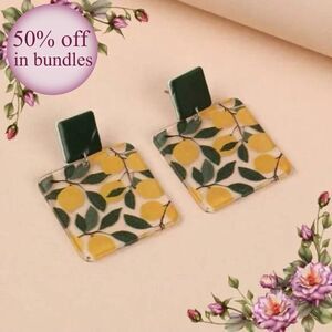 Green Printed Leaf and lemons Dangle Earrings